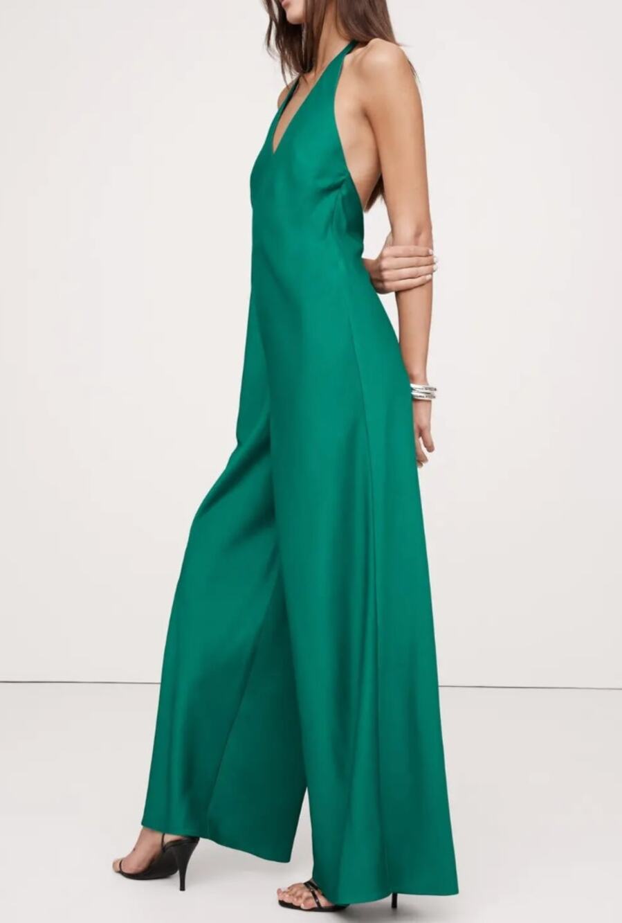 Banana Republic Satin Plunge Halter One Piece Jumpsuit Glistening Emerald Green